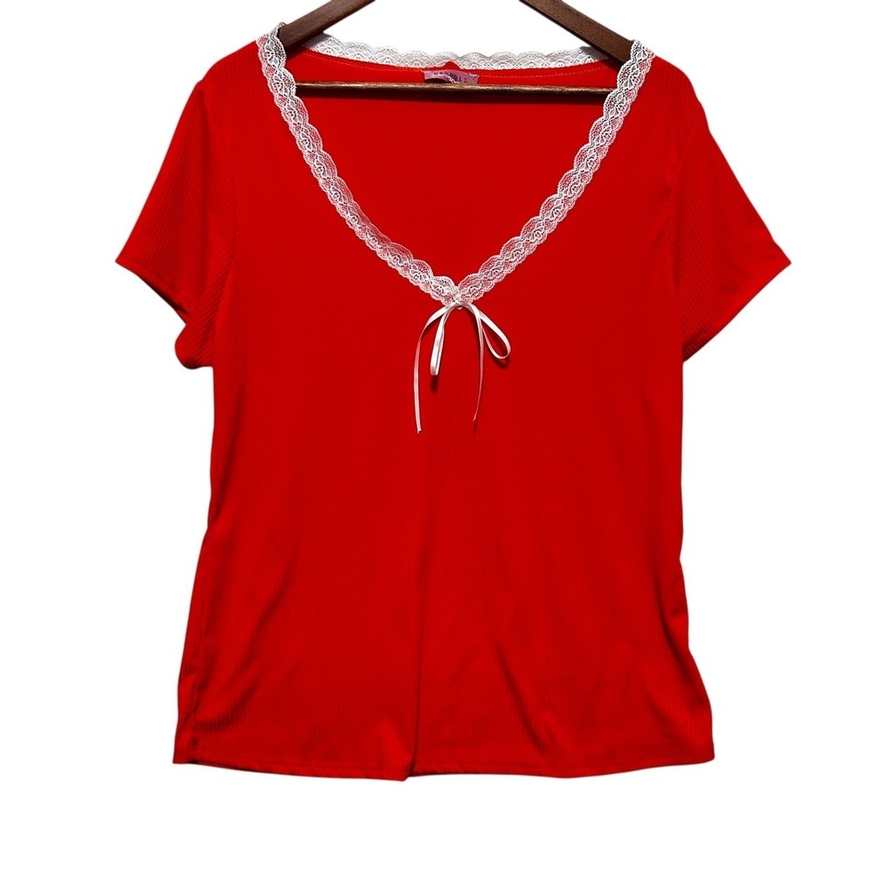 Ragdoll Women Top 3X Orange Lace Trim Bow Detail Ribbed Stretch Blouse Y2K Retro